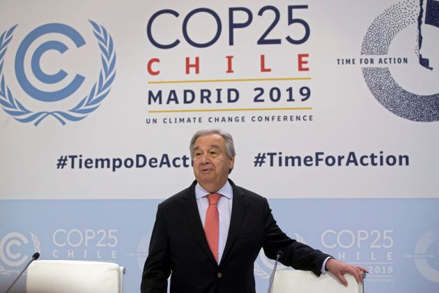 UN Secretary-General Antonio Guterres arrives for a news conference at the COP25 summit in Madrid, Spain, Sunday, Dec. 1, 2019. This year’s international talks on tackling climate change were meant to be a walk in the park compared to previous instalments. But with scientists issuing dire warnings about the pace of global warming and the need to urgently cut greenhouse gas emissions, officials are under pressure to finalize the rules of the 2015 Paris accord and send a signal to anxious voters. (AP Photo/Paul White)