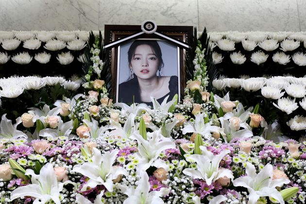 A memorial altar of K-pop star Goo Hara is seen at the Seoul St. Mary's Hospital in Seoul, Monday, Nov. 25, 2019. Hara was found dead at her home in Seoul on Sunday, police said. (Chung Sung-Jun/Pool Photo via AP)