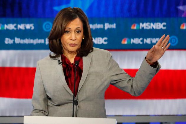 FILE - In this Nov. 20, 2019 file photo, Democratic presidential candidate Sen. Kamala Harris, D-Calif., speaks during a Democratic presidential primary debate in Atlanta. Harris, was once considered a front-runner in the crowded Democratic field, is expected to end her campaign for the Democratic presidential nomination, according to a campaign official.. (AP Photo/John Bazemore)