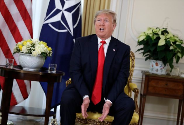 U.S. President Donald Trump speaks during his meeting with NATO Secretary General, Jens Stoltenberg at Winfield House in London, Tuesday, Dec. 3, 2019. US President Donald Trump will join other NATO heads of state at Buckingham Palace in London on Tuesday to mark the NATO Alliance's 70th birthday. (AP Photo/Evan Vucci)