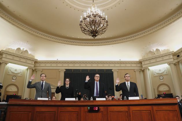 Constitutional law experts, from left, Harvard Law School professor Noah Feldman, Stanford Law School professor Pamela Karlan, University of North Carolina Law School professor Michael Gerhardt and George Washington University Law School professor Jonathan Turley, are sworn in to testify during a hearing before the House Judiciary Committee on the constitutional grounds for the impeachment of President Donald Trump, Wednesday, Dec. 4, 2019, on Capitol Hill in Washington. (AP Photo/Jacquelyn Martin)