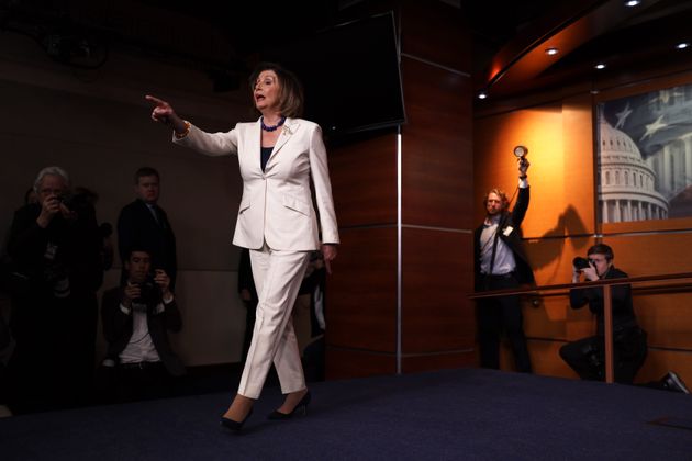 WASHINGTON, DC - DECEMBER 05:  U.S. Speaker of the House Rep. Nancy Pelosi (D-CA) reacts to a reporter’s question about whether she hates President Donald Trump during her weekly news conference December 5, 2019 on Capitol Hill in Washington, DC. Speaker Pelosi discussed the impeachment inquiry against President Donald Trump.  (Photo by Alex Wong/Getty Images)