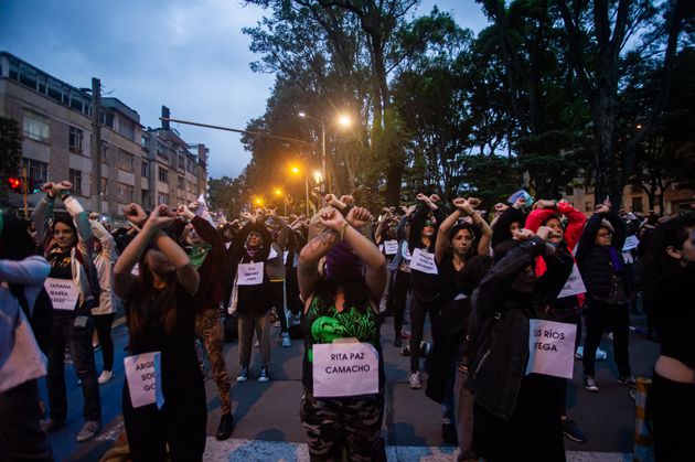 The performance of Chilean feminists -created by the Buenos Aires collective # Lastesis-, not only becomes viral throughout the world, now it becomes a symbol and is imitated by different feminist groups on the planet on 30 November 2019 in Buenos Aires, Argentina. Here ''The rapist is you'', made in Bogota, Colombia. (Photo by Juan Carlos Torres/NurPhoto via Getty Images)