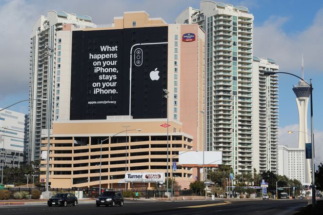06 January 2019, US, Las Vegas: Apple is using the banner ad with the sentence 'What happens on your iPhone stays on your iPhone' to show its presence at the CES technology trade fair. Once again, the Group will not be present as an exhibitor this time. Photo: Andrej Sokolow/dpa (Photo by Andrej Sokolow/picture alliance via Getty Images)