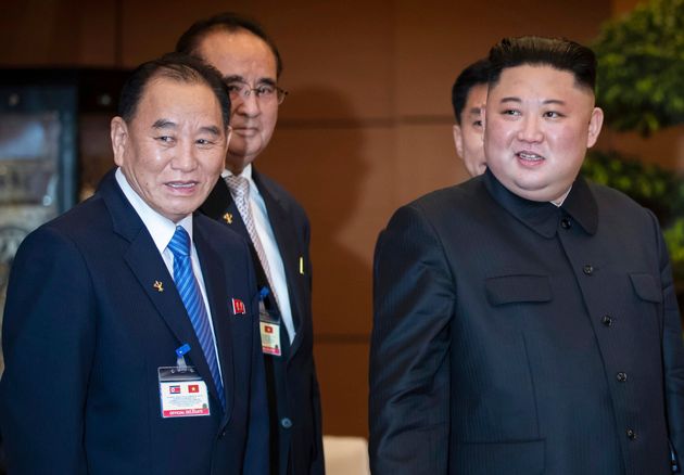 FILE - In this March 1, 2019, file photo, North Korean leader Kim Jong Un, right, accompanied by Kim Yong Chol, left, vice chairman of Workerʼs Party of Korea, meets Nguyen Thi Kim Ngan, chairwoman of Vietnam's National Assembly, at the National Assembly in Hanoi, Vietnam.  The senior North Korean official who had been reported as purged over the failed nuclear summit with Washington was shown in state media enjoying a concert alongside leader Kim Jong Un. North Korean publications on Monday, June 1, 2019, showed Kim Yong Chol sitting near a clapping Kim Jong Un and other top officials during a musical performance by the wives of Korean People's Army officers.(SeongJoon Cho/Pool Photo via AP, File)
