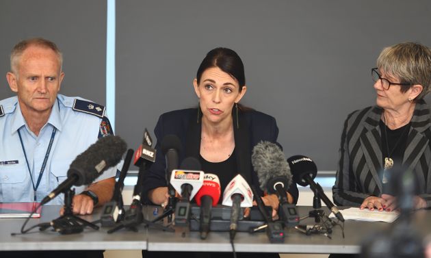 WHAKATANE, NEW ZEALAND - DECEMBER 10: (L-R) Police Sup Bruce Bird,  New Zealand PM Jacinda Ardern and Whakatane mayor Judy Turner hold a press conference as a volcano erupts In Bay Of Plenty on December 10. 2019 in Whakatane, New Zealand. One person has died, several are injured and many are missing following a volcano eruption at White Island on Monday. (Photo by John Boren/Getty Images)