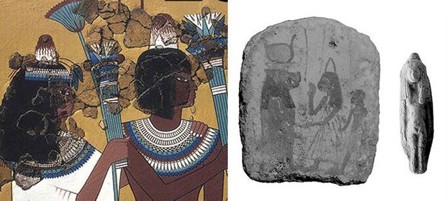 고대 아마르나 시대의 이집트 벽화와 조각에서 발견되는 고깔 모양의 머리 장식. 