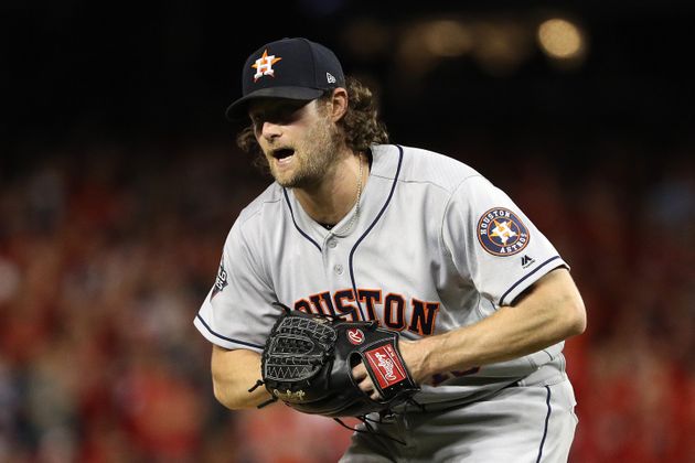 WASHINGTON, DC - OCTOBER 27:  Gerrit Cole #45 of the Houston Astros reacts after retiring the side in the seventh inning against the Washington Nationals in Game Five of the 2019 World Series at Nationals Park on October 27, 2019 in Washington, DC. (Photo by Patrick Smith/Getty Images)