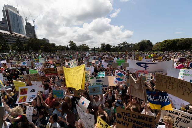 A large crowd of protestors hold up signs during Climate Strike at the Domain on September 20, 2019 in Sydney, Australia.