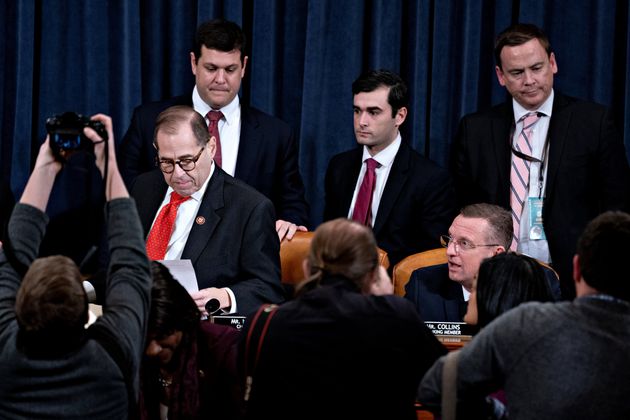 Representative Jerry Nadler, a Democrat from New York and chairman of the House Judiciary Committee, left, exits after announcing a recess as ranking member Representative Doug Collins, a Republican from Georgia, right, sits after a hearing in Washington, D.C., U.S., December 12, 2019. Andrew Harrer/Pool via REUTERS