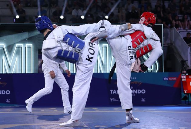 Dae-Hoon Lee (KOR) and Bradley Sinden (GBR) in action during the World Taekwondo Grand Prix men -68kg  semifinal at Foro Italico of Rome, Italy on June 7, 2019
 (Photo by Matteo Ciambelli/NurPhoto via Getty Images)