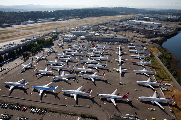 Grounded Boeing 737 MAX aircraft are seen parked in an aerial photo at Boeing Field in Seattle, Washington, U.S. July 1, 2019. Picture taken July 1, 2019.  REUTERS/Lindsey Wasson