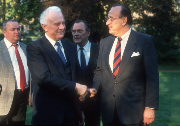 German Minister of Foreign Affairs Hans-Dietrich Genscher is meeting the Foreign Minister of the Soviet Union Eduard Schewardnadse at the 2+4 meeting, April 01, 1990, Paris, France.  (Photo by Thomas Imo/Photothek via Getty Images)