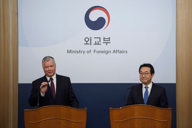 U.S. Special Representative for North Korea Stephen Biegun, left, speaks as his South Korean counterpart Lee Do-hoon listens during a media briefing at the foreign ministry in Seoul, South Korea, Monday, Dec. 16, 2019. Biegun said Monday that Washington won’t accept a year-end deadline set by North Korea to make concessions in stalled nuclear talks and urged Pyongyang to return to a negotiating table immediately. (Ed Jones/Pool Photo via AP)