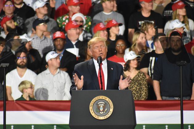 BATTLE CREEK, USA - DECEMBER 18 : U.S. President Donald Trump speaks during a Keep America Great Rally at Kellogg Arena on December 18, 2019, in Battle Creek, Michigan, United States. (Photo by Kyle Mazza/Anadolu Agency via Getty Images)