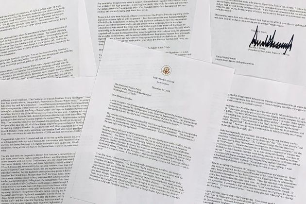 A letter from President Donald Trump to House Speaker Nancy Pelosi of Calif., is photographed Tuesday, Dec. 17, 2019, in Washington. (AP Photo/Jon Elswick