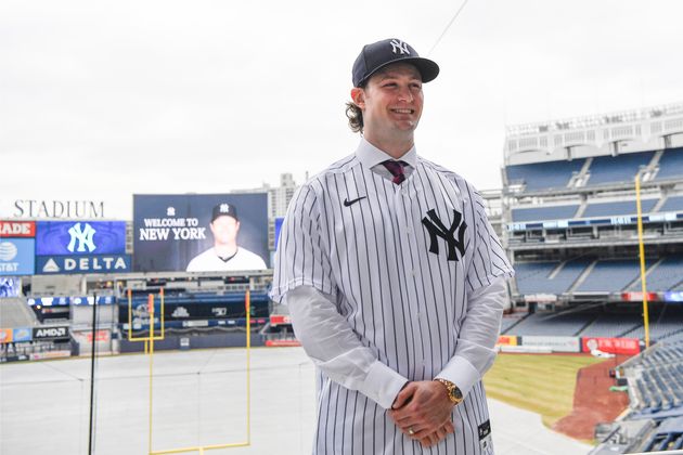 Dec 18, 2019; Bronx, NY, USA; New York Yankees pitcher Gerrit Cole poses in front of the field at Yankee Stadium. Mandatory Credit: Danielle Parhizkaran-USA TODAY Sports