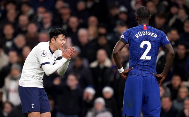 Tottenham Hotspur's Son Heung-min reacts as the VAR reviews a challenge that resulted in a red card for this challenge on Chelsea's Antonio Rudiger Tottenham Hotspur v Chelsea - Premier League - Tottenham Hotspur Stadium 22-12-2019 . (Photo by  John Walton/EMPICS/PA Images via Getty Images)