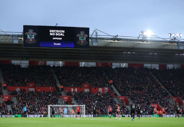SOUTHAMPTON, ENGLAND - DECEMBER 28: General view inside the stadium as the big screen shows that a VAR review has overruled a Crystal Palace goal during the Premier League match between Southampton FC and Crystal Palace at St Mary's Stadium on December 28, 2019 in Southampton, United Kingdom. (Photo by Naomi Baker/Getty Images)