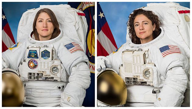 Astronauts Christina Koch (L) and Jessica Meir pose for their official NASA portraits in undated photos.    Josh Valcarcel/NASA/Johnson Space Center/Handout via REUTERS.    THIS IMAGE HAS BEEN SUPPLIED BY A THIRD PARTY.