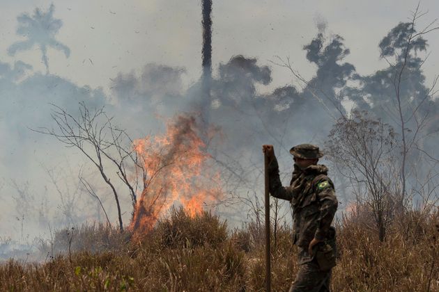 잠시 휴식을 취하고 있는 브라질 군인. 보우소나루 대통령은 화재 진압을 위해 군대를 투입했다. 2019/09/03