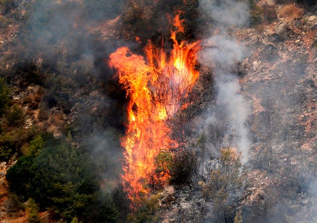 레바논 슈프 산맥의 메시레프 마을 근처, 다무르강 옆의 산악지대에서 숲이 불타고 있다. 높은 기온과 강한 바람이 가세해 더욱 심해졌다. 2019/10/15