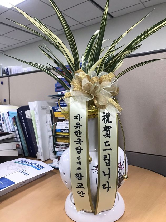 황교안 자유한국당 대표가 6일 오전 하태경 새로운보수당 책임대표실에게 보낸 난 화분