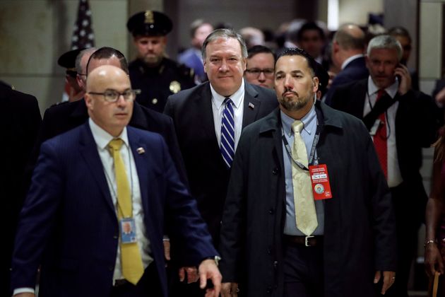 WASHINGTON, DC  JANUARY 8: U.S. Secretary of State Mike Pompeo departs from a briefing for members of the U.S. House of Representatives about the situation with Iran, at the U.S. Capitol on January 8, 2020 in Washington, DC. Members of the House and the Senate are expected to be briefed by Secretary Pompeo, Secretary of Defense Mark Esper, Chair of the Joint Chiefs of Staff Mark Milley, CIA Director Gina Haspel and Acting Director of National Intelligence Joseph Maguire. In response to the U.S. killing of Iranian General Qasem Soleimani, Iranian forces launched more than a dozen ballistic missiles against two military bases in Iraq early Wednesday local time. (Photo by Drew Angerer/Getty Images)