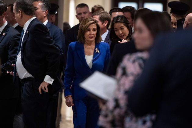 UNITED STATES - JANUARY 8: Speaker of the House Nancy Pelosi, D-Calif., arrives to the Capitol Visitor Center for a briefing by administration officials for members of the House on the latest developments on Iranian airstrikes in Iraq on Wednesday, January 8, 2020. (Photo By Tom Williams/CQ-Roll Call, Inc via Getty Images)