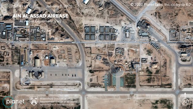 This satellite image provided on Wednesday, Jan. 8, 2020, by Middlebury Institute of International Studies and Planet Labs Inc. shows the damage caused from an Iranian missile strike at the Ain al-Asad air base in Iraq.