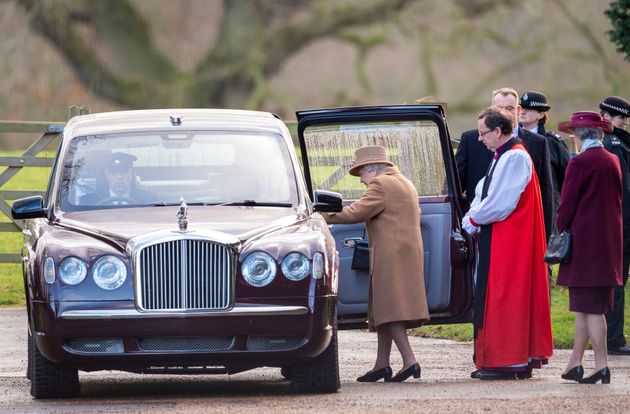Britain's Queen Elizabeth II leaves after attending a morning church service at St Mary Magdalene Church in Sandringham, England, Sunday Jan. 12, 2020.   Prince Harry and his wife Meghan have declared they will “work to become financially independent” as part of a surprise announcement saying they wish 'to step back' as senior members of the royal family.  (Joe Giddens/PA via AP)