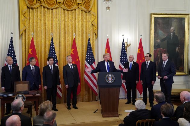 U.S. President Donald Trump speaks prior to signing 'phase one' of the U.S.-China trade agreement with China's Vice Premier Liu He in the East Room of the White House in Washington, U.S., January 15, 2020. REUTERS/Kevin Lamarque?