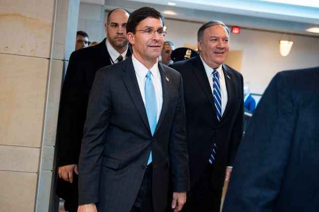 UNITED STATES - JANUARY 8: Secretary of State Mike Pompeo, right, and Secretary of Defense Mark Esper, leave the Capitol Visitor Center after a briefing with Senators on the latest developments on Iranian airstrikes in Iraq on Wednesday, January 8, 2020. (Photo By Tom Williams/CQ-Roll Call, Inc via Getty Images)
