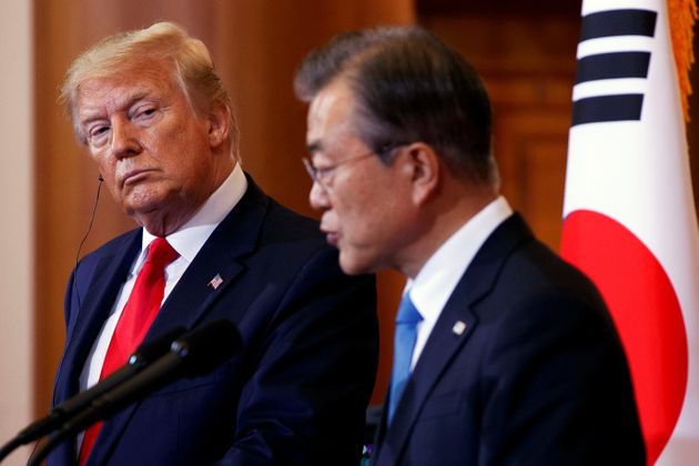 U.S. President Donald Trump and South Korean President Moon Jae-in, at Blue House, in Seoul, South Korea, Sunday, June 30, 2019, before heading to the demilitarized zone.  Photo taken June 30, 2019.     Jacquelyn Martin/Pool via REUTERS