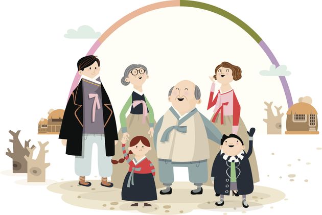 Illustration of family wearing Korean traditional clothes to celebrate the new year's day.