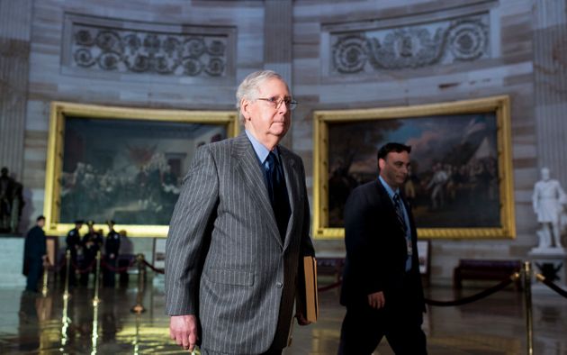 UNITED STATES - JANUARY 15: Senate Majority Leader Mitch McConnell, R-Ky., walks back to the Senate through the Rotunda after participating in the Congressional Gold Medal Award Ceremony for former NFL player Steve Gleason in Statuary Hall in the Capitol on Wednesday, Jan. 15, 2020. (Photo By Bill Clark/CQ-Roll Call, Inc via Getty Images)