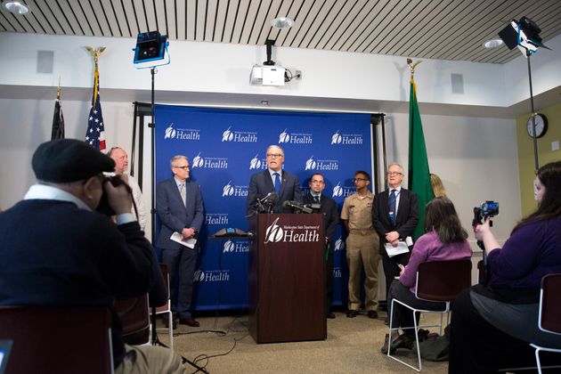 Governor Jay Inslee talks about a confirmed case of 2019 novel coronavirus in a Snohomish County, Washington resident during a press conference in Shoreline, Washington  on January 21, 2020. - The United States announced its first case of a new virus that has claimed six lives in China and sickened hundreds, joining countries around the world in ramping up measures to block its spread. (Photo by Jason Redmond / AFP) (Photo by JASON REDMOND/AFP via Getty Images)