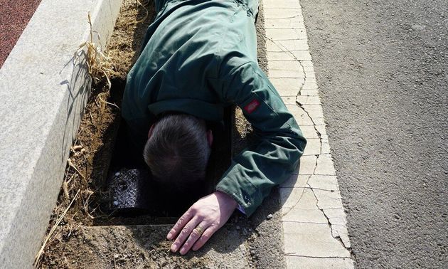 지난 21일 영국파충류협회 트레버 로즈 사무국장이 경기 연천군 전곡읍 은대리 물거미 서식지 옆 도로 맨홀 안에 ‘개구리사다리’를 놓고 있다.