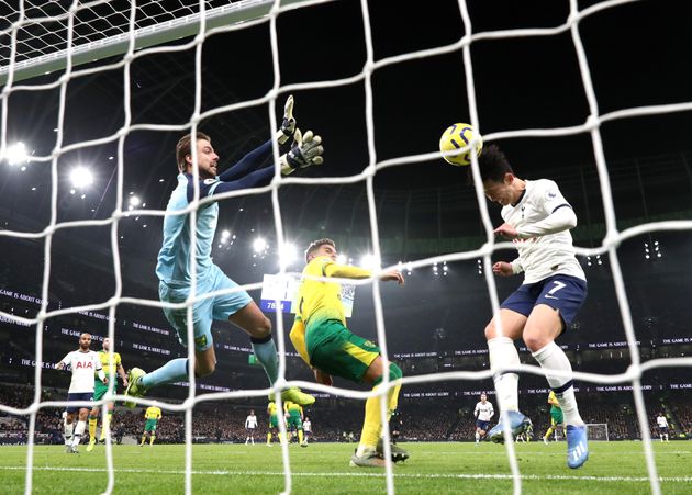 LONDON, ENGLAND - JANUARY 22: Heung-Min Son of Tottenham Hotspur scores his sides second goal during the Premier League match between Tottenham Hotspur and Norwich City at Tottenham Hotspur Stadium on January 22, 2020 in London, United Kingdom. (Photo by Naomi Baker/Getty Images)