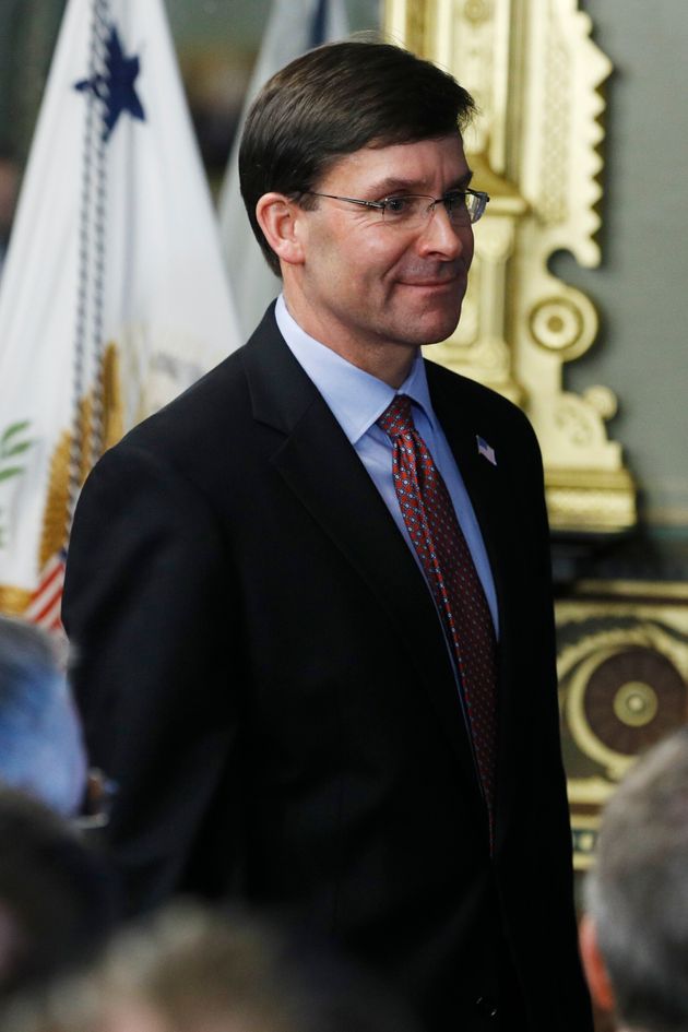 Defense Secretary Mark Esper arrives for the swearing in of Air Force General John Raymond as Chief of Space Operations, in the Vice President's Ceremonial Office at the Executive Office Building, Tuesday, Jan. 14, 2020, in Washington. (AP Photo/Steve Helber)