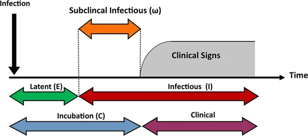 잠재기간(Latent)이 잠복기(Incubation)보다 짧은 경우, 증상이 나타나지 않는 상황에서도 타인에게 바이러스를 옮길 수 있다.