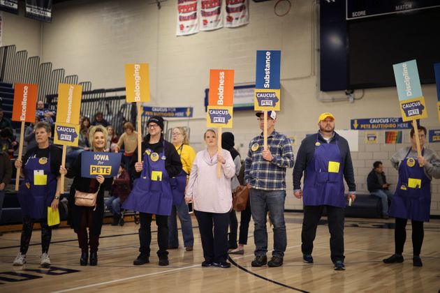 DES MOINES, IOWA - FEBRUARY 03:  Supporters of Democratic presidential candidate Democratic presidential candidate former South Bend, Indiana Mayor Pete Buttigieg prepare to caucus for him in the gymnasium at Roosevelt High School February 03, 2020 in Des Moines, Iowa. Iowa is the first contest in the 2020 presidential nominating process with the candidates then moving on to New Hampshire. (Photo by Chip Somodevilla/Getty Images)