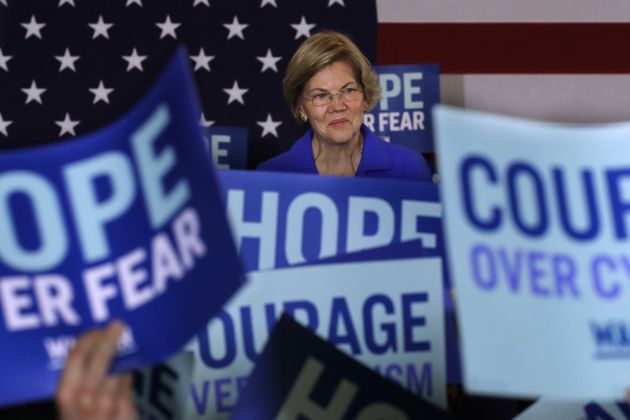 DES MOINES, IOWA - FEBRUARY 03:  Democratic presidential candidate Sen. Elizabeth Warren (D-MA) addresses her supporters during a caucus night rally at the Forte Banquet and Conference Center February 03, 2020 in Des Moines, Iowa. Iowa is the first contest in the 2020 presidential nominating process with the candidates then moving on to New Hampshire. (Photo by Chip Somodevilla/Getty Images)
