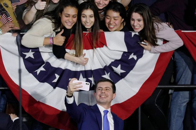 DES MOINES, IOWA - FEBRUARY 03: Democratic presidential candidate Pete Buttigieg takes a selfie with supporters after addressing his caucus night watch party on February 03, 2020 in Des Moines, Iowa.  Iowa is the first contest in the 2020 presidential nominating process with the candidates then moving on to New Hampshire. (Photo by Tom Brenner/Getty Images)