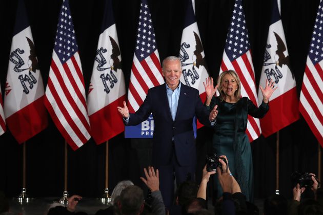 DES MOINES, IOWA - FEBRUARY 03: Democratic presidential candidate former Vice President Joe Biden takes the stage to address supporters with his wife Dr. Jill Biden during his caucus night watch party on February 03, 2020 in Des Moines, Iowa.  Iowa is the first contest in the 2020 presidential nominating process with the candidates then moving on to New Hampshire. (Photo by Justin Sullivan/Getty Images)