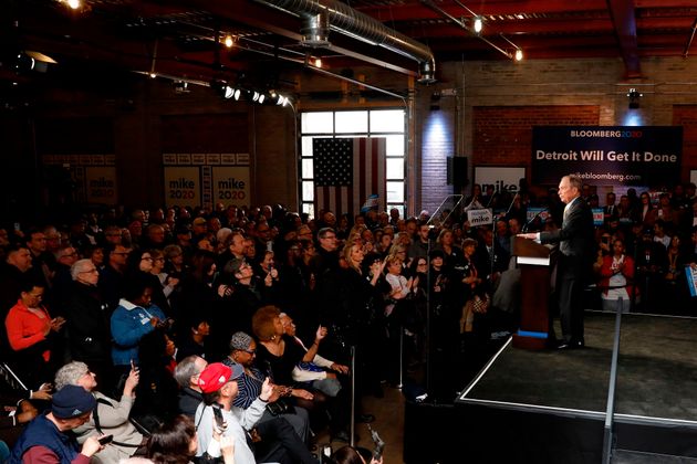 Democratic presidential candidate and former New York Mayor Michael Bloomberg speaks at a campaign stop at Eastern Market in Detroit, Michigan, on February 4, 2020. (Photo by JEFF KOWALSKY / AFP) (Photo by JEFF KOWALSKY/AFP via Getty Images)