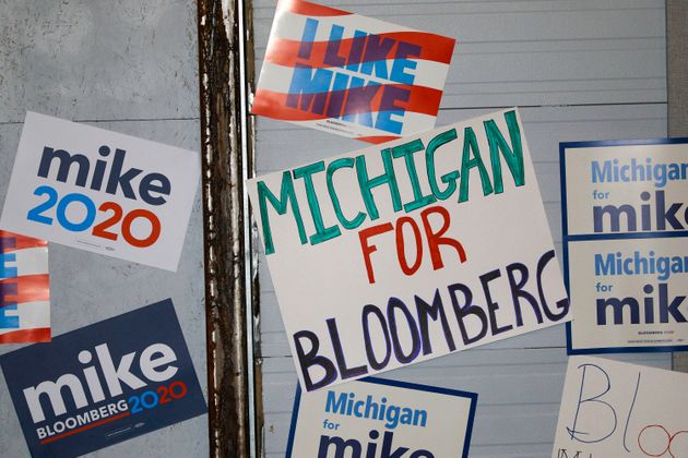DETROIT, MI - FEBRUARY 04: Signs are posted on a wall at a rally site where Democratic presidential candidate Mike Bloomberg held a campaign rally on February 4, 2020 in Detroit, Michigan. Bloomberg skipped the early primary states of Iowa, New Hampshire, and Nevada and is instead making his second visit to Michigan ahead of the March 10th primary. (Photo by Bill Pugliano/Getty Images)