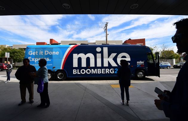 Democratic presidential candidate Mike Bloomberg's 'Get it Done Express' bus is seen parked outside Dollarhide Community Center in Compton, California on February 3, 2020. - Bloomberg starts his 'Get It Done Express' tour today for a 10 day bus ride from Compton to North Carolina. (Photo by Frederic J. BROWN / AFP) (Photo by FREDERIC J. BROWN/AFP via Getty Images)