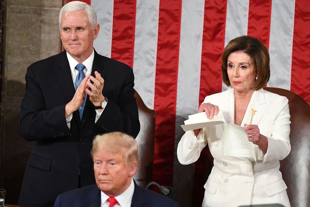 Speaker of the US House of Representatives Nancy Pelosi rips a copy of US President Donald Trumps speech after he delivered the State of the Union address at the US Capitol in Washington, DC, on February 4, 2020. (Photo by MANDEL NGAN / AFP) (Photo by MANDEL NGAN/AFP via Getty Images)