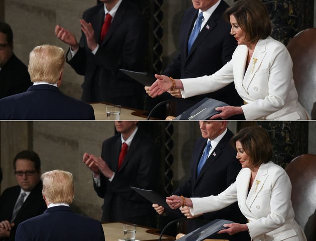 (COMBO) This combination of pictures created on February 04, 2020 shows Speaker of the US House of Representatives Nancy Pelosi extending a hand to US president Donald Trump ahead of the State of the Union address at the US Capitol in Washington, DC, on February 4, 2020; and Speaker of the US House of Representatives Nancy Pelosi extends a hand to US president Donald Trump ahead of the State of the Union address at the US Capitol in Washington, DC, on February 4, 2020. (Photos by Olivier DOULIERY / AFP) (Photo by OLIVIER DOULIERY/AFP via Getty Images)